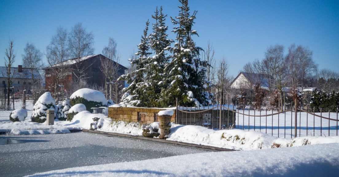 winterliche Stimmung am Schwimmteich, Winter im Garten